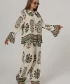 Desenli Kolları Volanlı Pantolon Takım - Haki