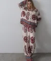 Desenli Kolları Volanlı Pantolon Takım - Kırmızı