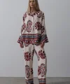 Desenli Kolları Volanlı Pantolon Takım - Kırmızı