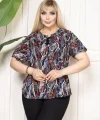 Desenli Püsküllü Viskon Bluz Bebe Yaka Kısa Kollu Big Size Rahat Kesim - Desenli