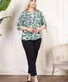 Desenli Püsküllü Viskon Bluz Bebe Yaka Kısa Kollu Big Size Rahat Kesim - Desenli