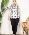 Desenli Püsküllü Viskon Bluz Bebe Yaka Kısa Kollu Big Size Rahat Kesim - Desenli