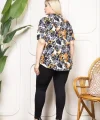 Desenli Püsküllü Viskon Bluz Bebe Yaka Kısa Kollu Big Size Rahat Kesim - Desenli