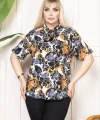 Desenli Püsküllü Viskon Bluz Bebe Yaka Kısa Kollu Big Size Rahat Kesim - Desenli