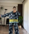 Desenli Saten Bol Takım - İndigo