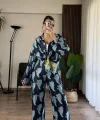 Desenli Saten Bol Takım - İndigo