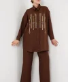 Desenli Tunik Pantolon İkili Takım 6720 - Kahverengi