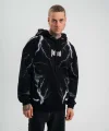 Double Oversize Kapşonlu Şimşek Pano Baskılı SweatShirt - Siyah