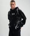 Double Oversize Kapşonlu Şimşek Pano Baskılı SweatShirt - Siyah