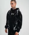Double Oversize Kapşonlu Şimşek Pano Baskılı SweatShirt - Siyah
