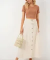 Düğmeli Keten Uzun Etek 8046 - Krem