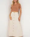 Düğmeli Keten Uzun Etek 8046 - Krem