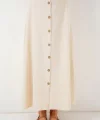 Düğmeli Keten Uzun Etek 8046 - Krem