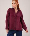 Düğmeli Ve Çizgi Detaylı Bordo Gömlek