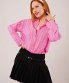 Düğmeli Ve Çizgi Detaylı Pembe Gömlek