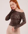 Düşük Omuz Detaylı eopar Desen Bluz