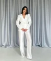 Ekru Beli Kuşaklı Ceket Ve Pantolon Parlak Takım
