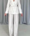 Ekru Beli Kuşaklı Ceket Ve Pantolon Parlak Takım