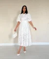 Ekru Kemerli Balon Kollu Elbise