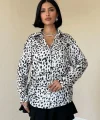 Ekru Leopar Desenli Saten Gömlek