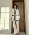 Ekru Siyah Şeritli Yakasız Ceket Ve Pantolon Takım
