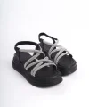 ELENA Lastikli Taşlı Şeritli Ortopedik Taban Kadın Sandalet CST - Siyah