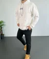 Erkek 24 Sırt Baskılı Ovresize Üç İplik Kapüşonlu Sweatshirt - Beyaz