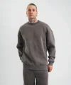 Erkek 3 İplik Pamuklu Yağ Yıkamalı Sweatshirt Double Oversize Bisiklet Yaka Uzun Kol - Füme