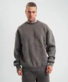 Erkek 3 İplik Pamuklu Yağ Yıkamalı Sweatshirt Double Oversize Bisiklet Yaka Uzun Kol - Füme