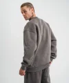 Erkek 3 İplik Pamuklu Yağ Yıkamalı Sweatshirt Double Oversize Bisiklet Yaka Uzun Kol - Füme