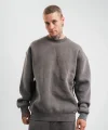 Erkek 3 İplik Pamuklu Yağ Yıkamalı Sweatshirt Double Oversize Bisiklet Yaka Uzun Kol - Füme