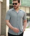 Erkek Apaç Yaka örme Kumaş Kısa Kollu Gömlek