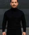 Erkek Balıkcı Yaka Bağazlı Triko Kazak Pamuklu Kalın Fitilli Dokuma, Regular Fit Uzun Kollu Kışlık Model - Siyah