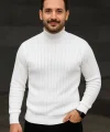 Erkek Balıkcı Yaka Bağazlı Triko Kazak Pamuklu Kalın Fitilli Dokuma, Regular Fit Uzun Kollu Kışlık Model - Beyaz