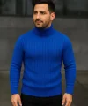 Erkek Balıkcı Yaka Bağazlı Triko Kazak Pamuklu Kalın Fitilli Dokuma, Regular Fit Uzun Kollu Kışlık Model - Saks Mavisi