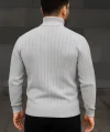 Erkek Balıkcı Yaka Bağazlı Triko Kazak Pamuklu Kalın Fitilli Dokuma, Regular Fit Uzun Kollu Kışlık Model - Gri