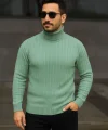 Erkek Balıkcı Yaka Bağazlı Triko Kazak Pamuklu Kalın Fitilli Dokuma, Regular Fit Uzun Kollu Kışlık Model - Mint Yeşili