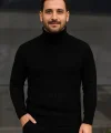 Erkek Balıkcı Yaka Bağazlı Triko Kazak Pamuklu Kalın Fitilli Dokuma, Regular Fit Uzun Kollu Kışlık Model - Siyah