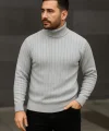 Erkek Balıkcı Yaka Bağazlı Triko Kazak Pamuklu Kalın Fitilli Dokuma, Regular Fit Uzun Kollu Kışlık Model - Gri
