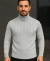 Erkek Balıkcı Yaka Bağazlı Triko Kazak Pamuklu Kalın Fitilli Dokuma, Regular Fit Uzun Kollu Kışlık Model - Gri