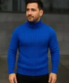 Erkek Balıkcı Yaka Bağazlı Triko Kazak Pamuklu Kalın Fitilli Dokuma, Regular Fit Uzun Kollu Kışlık Model - Saks Mavisi