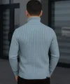 Erkek Balıkcı Yaka Bağazlı Triko Kazak Pamuklu Kalın Fitilli Dokuma, Regular Fit Uzun Kollu Kışlık Model - Bebe Mavisi