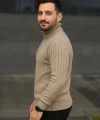 Erkek Balıkcı Yaka Bağazlı Triko Kazak Pamuklu Kalın Fitilli Dokuma, Regular Fit Uzun Kollu Kışlık Model - Bej