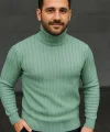Erkek Balıkcı Yaka Bağazlı Triko Kazak Pamuklu Kalın Fitilli Dokuma, Regular Fit Uzun Kollu Kışlık Model - Mint Yeşili