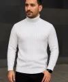 Erkek Balıkcı Yaka Bağazlı Triko Kazak Pamuklu Kalın Fitilli Dokuma, Regular Fit Uzun Kollu Kışlık Model - Beyaz