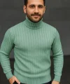 Erkek Balıkcı Yaka Bağazlı Triko Kazak Pamuklu Kalın Fitilli Dokuma, Regular Fit Uzun Kollu Kışlık Model - Mint Yeşili