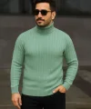 Erkek Balıkcı Yaka Bağazlı Triko Kazak Pamuklu Kalın Fitilli Dokuma, Regular Fit Uzun Kollu Kışlık Model - Mint Yeşili