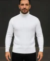 Erkek Balıkcı Yaka Bağazlı Triko Kazak Pamuklu Kalın Fitilli Dokuma, Regular Fit Uzun Kollu Kışlık Model - Beyaz