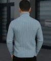 Erkek Balıkcı Yaka Bağazlı Triko Kazak Pamuklu Kalın Fitilli Dokuma, Regular Fit Uzun Kollu Kışlık Model - Bebe Mavisi