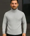 Erkek Balıkcı Yaka Bağazlı Triko Kazak Pamuklu Kalın Fitilli Dokuma, Regular Fit Uzun Kollu Kışlık Model - Gri